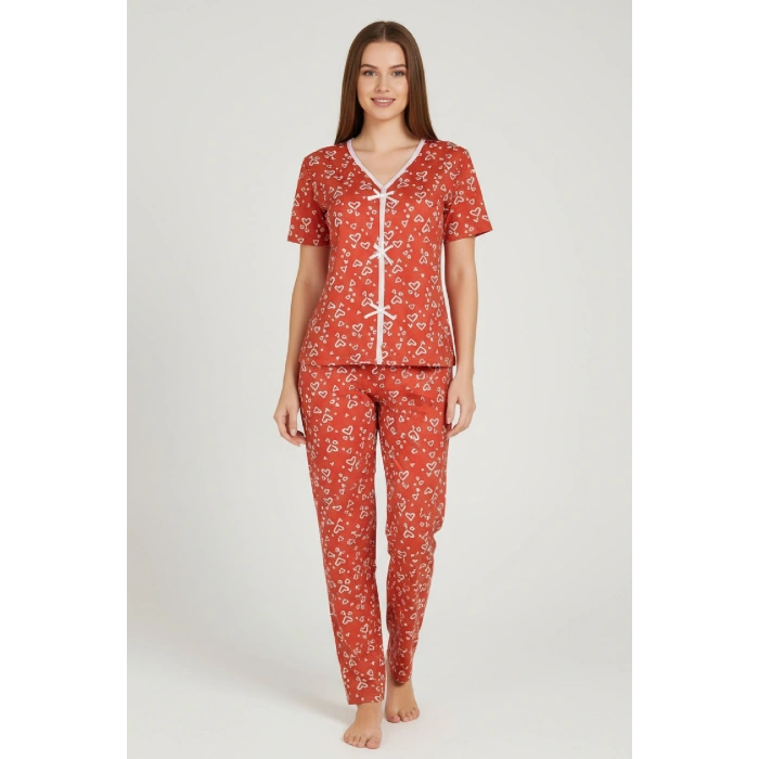 Kadın Turuncu Kalp Desenli Fiyonklu Kısa Kollu Uzun Pijama Takımı