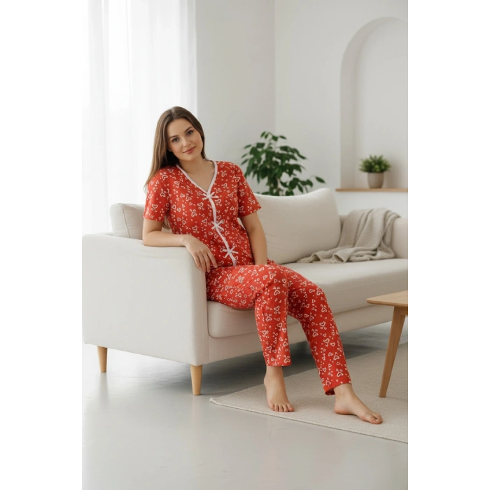Kadın Turuncu Kalp Desenli Fiyonklu Kısa Kollu Uzun Pijama Takımı