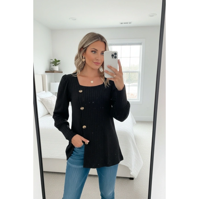 Kadın Uzun Kollu Düğmeli Mevsimlik Bluz – Yumuşak Dokulu, Esnek ve Sıcak Tutan Kumaş