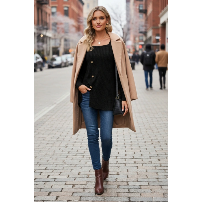 Kadın Uzun Kollu Düğmeli Mevsimlik Bluz – Yumuşak Dokulu, Esnek ve Sıcak Tutan Kumaş