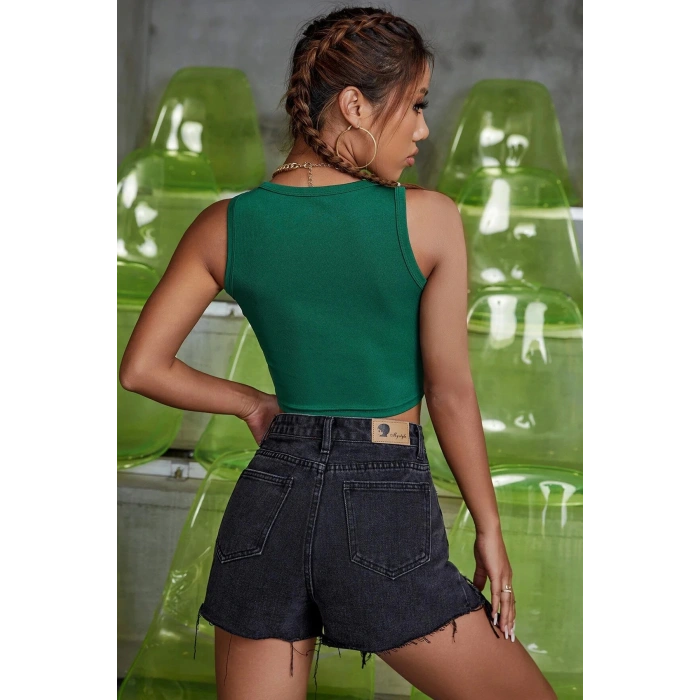 Kadın Yeşil Kare Yaka Crop Top Bluz