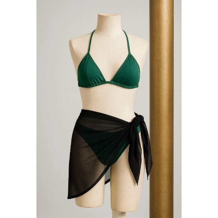 Kadın Yeşil Siyah Pareolu Yandan ve Boyundan Bağlamalı 3lü Bikini Takımı