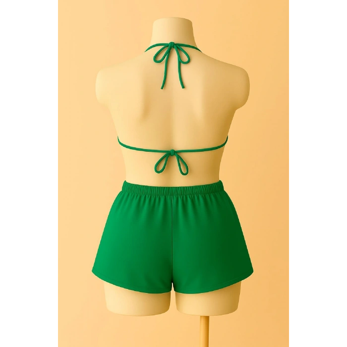 Kadın Yeşil Şortlu Belden ve Boyundan Bağlamalı Bikini Takımı