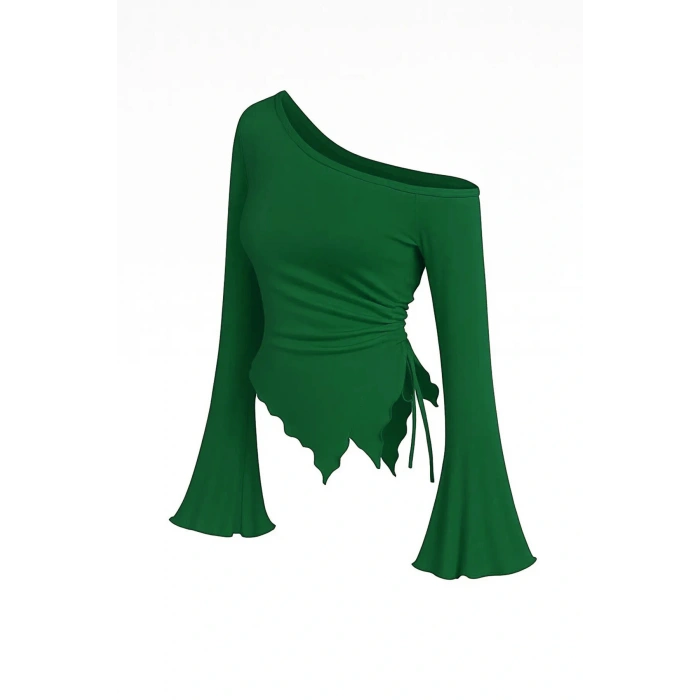 Kadın Yeşil Uzun İspanyol Kollu Asimetirik Yaka Yandan Bağlamalı Drapeli Bluz