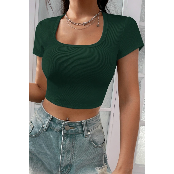 Kadın Yeşil Yarım Kol Düz Yaka Crop Top Bluz