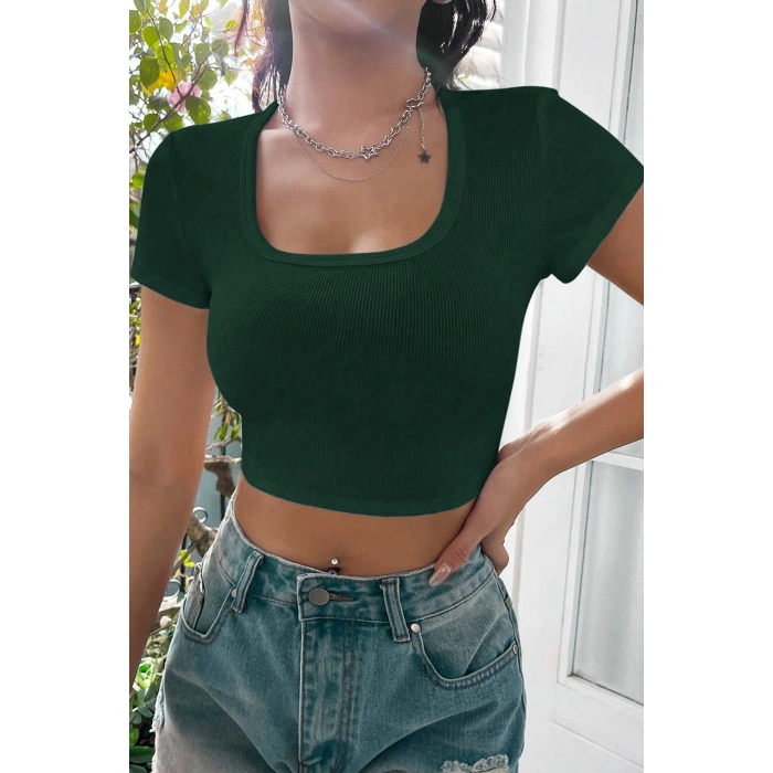 Kadın Yeşil Yarım Kol Düz Yaka Crop Top Bluz