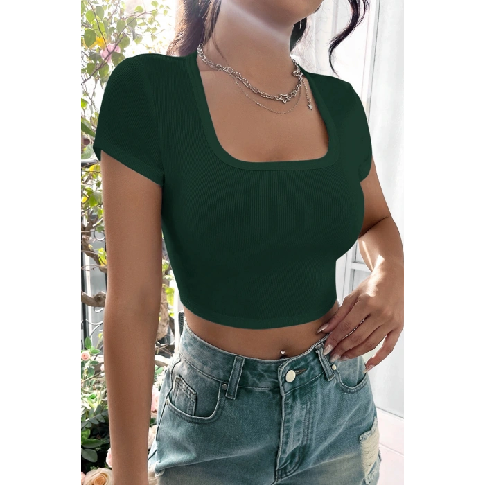 Kadın Yeşil Yarım Kol Düz Yaka Crop Top Bluz