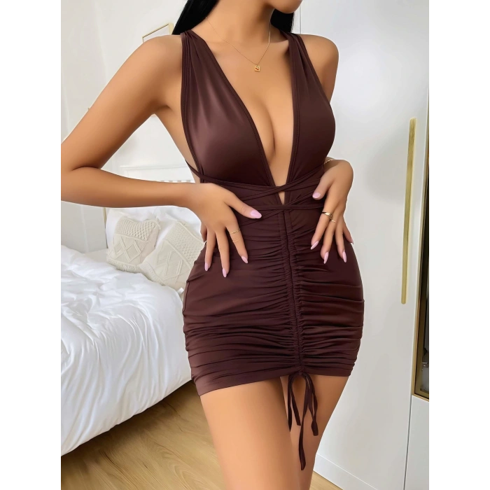 Kahverengi Şık Fantezi Clup Elbisesi 5032