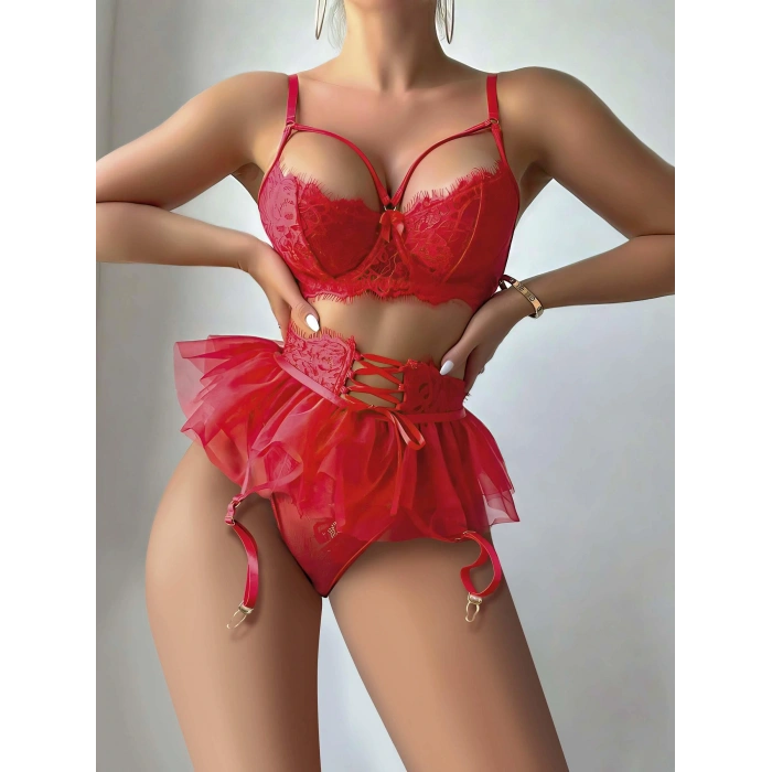 Kırmızı Etek Tül Fantezi Jartiyer Takım 2079
