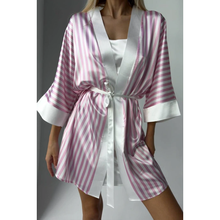 KLASİK PUDRA ASKILI GECELİK & PEMBE ÇİZGİLİ SABAHLIK