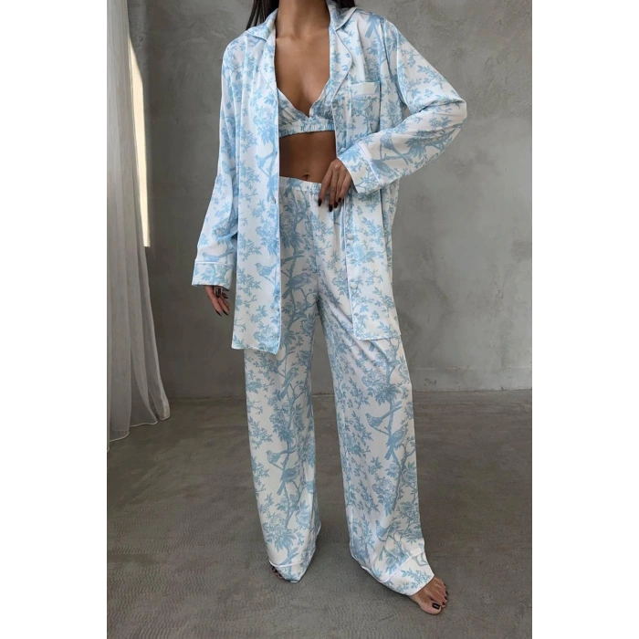 MAVİ KUŞ DİJİTAL BASKILI UZUN SATEN ÜÇLÜ PİJAMA