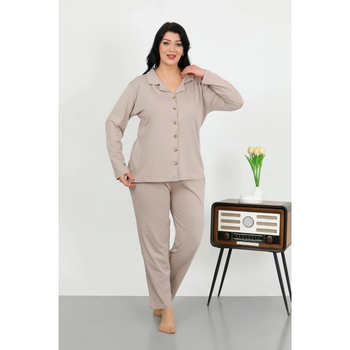 Moda Çizgi Kadın Büyük Beden Pamuklu Cepli Düğmeli Krem Pijama Takım 202506