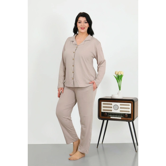 Moda Çizgi Kadın Büyük Beden Pamuklu Cepli Düğmeli Krem Pijama Takım 202506