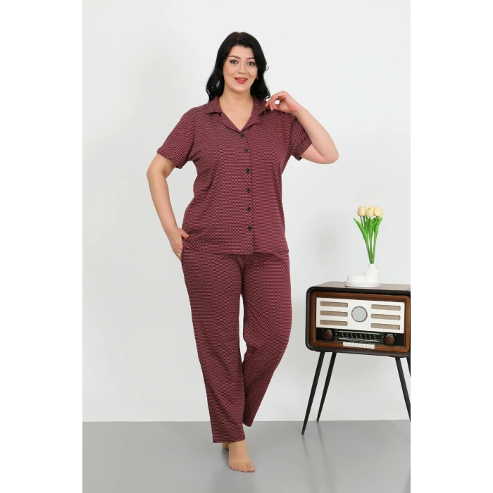 Moda Çizgi Kadın Büyük Beden Pamuklu Cepli Düğmeli Mor Pijama Takım 202507