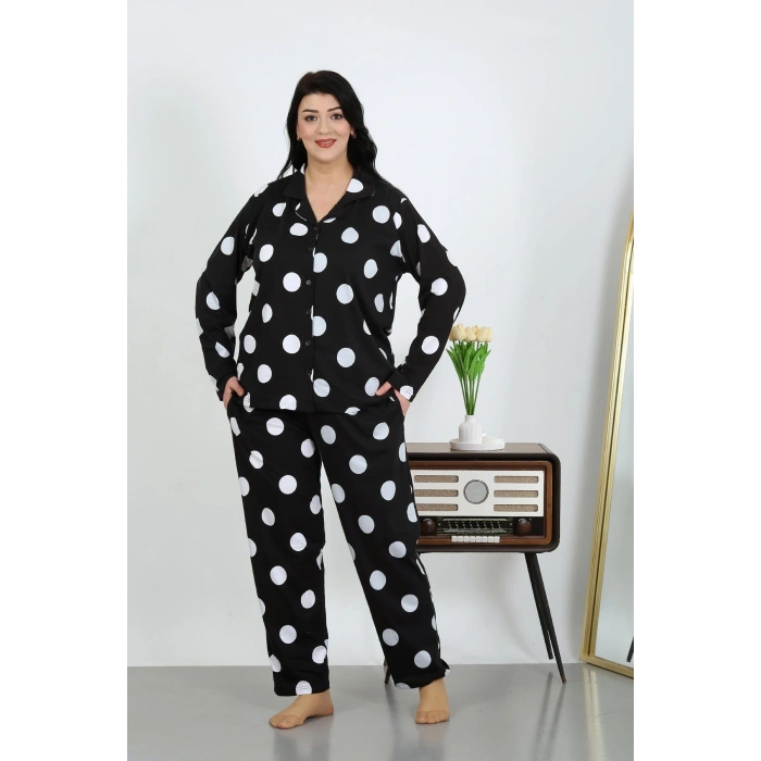 Moda Çizgi Kadın Büyük Beden Pamuklu Cepli Düğmeli Siyah Pijama Takım 202504