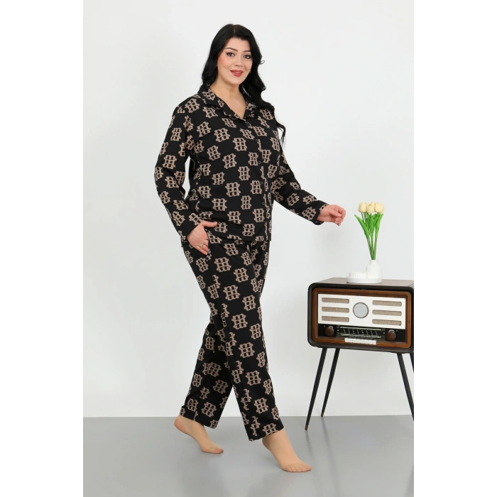 Moda Çizgi Kadın Büyük Beden Pamuklu Cepli Düğmeli Siyah Pijama Takım 202506