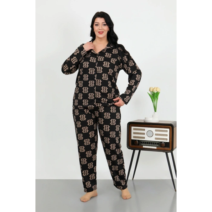 Moda Çizgi Kadın Büyük Beden Pamuklu Cepli Düğmeli Siyah Pijama Takım 202506