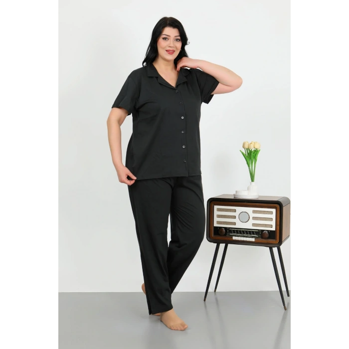 Moda Çizgi Kadın Büyük Beden Pamuklu Cepli Düğmeli Siyah Pijama Takım 202507