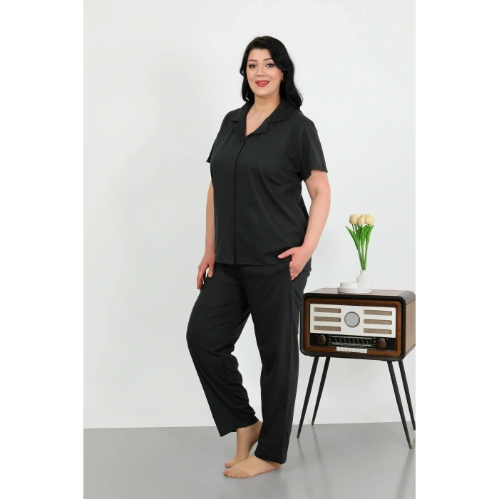 Moda Çizgi Kadın Büyük Beden Pamuklu Cepli Düğmeli Siyah Pijama Takım 202507