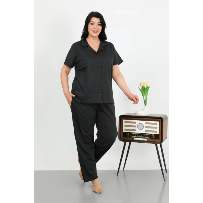 Moda Çizgi Kadın Büyük Beden Pamuklu Cepli Düğmeli Siyah Pijama Takım 202507
