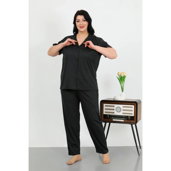 Moda Çizgi Kadın Büyük Beden Pamuklu Cepli Düğmeli Siyah Pijama Takım 202507