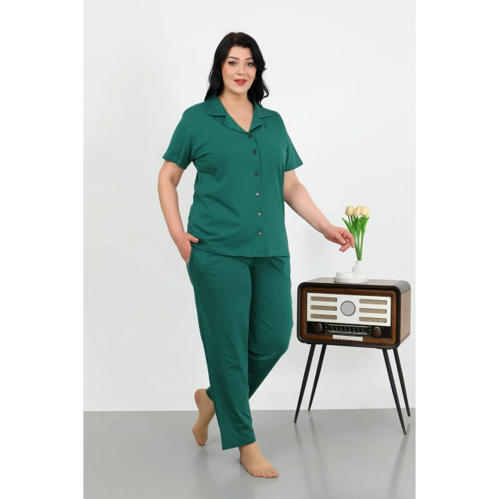 Moda Çizgi Kadın Büyük Beden Pamuklu Cepli Düğmeli ZümrütYeşili Pijama Takım 202507