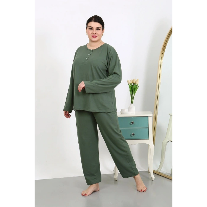 Moda Çizgi Kadın Büyük Beden Uzun Kol Penye Pijama Takımı Haki 202501