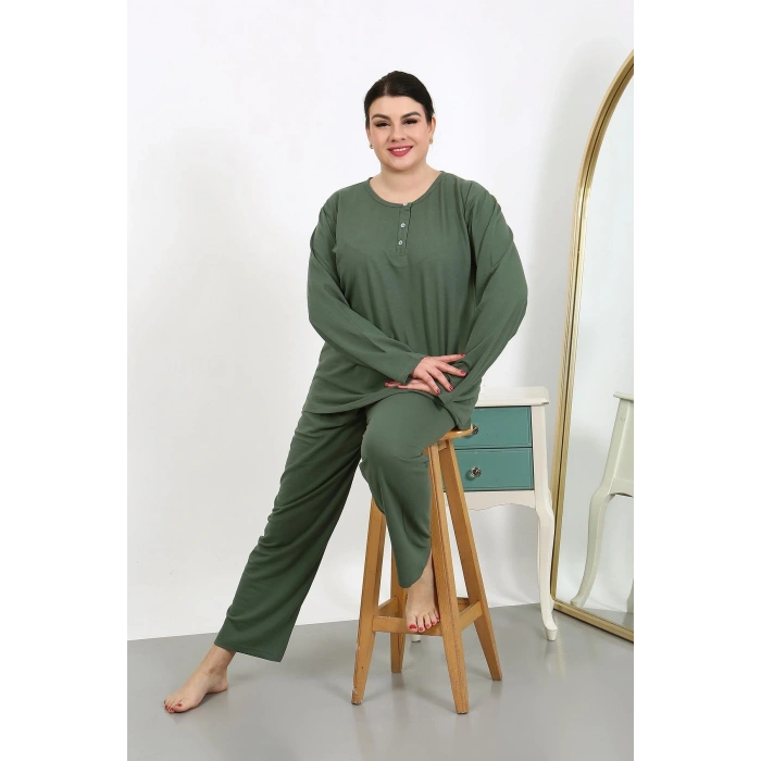 Moda Çizgi Kadın Büyük Beden Uzun Kol Penye Pijama Takımı Haki 202501