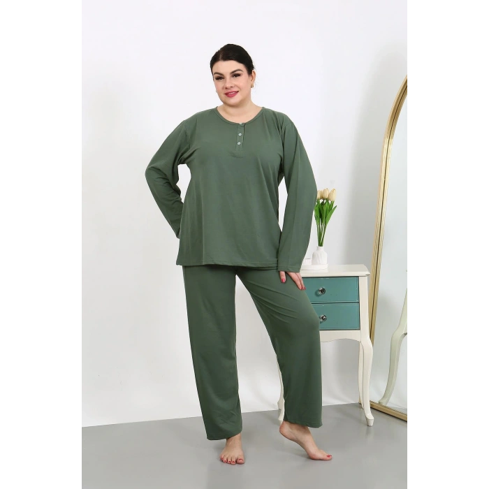 Moda Çizgi Kadın Büyük Beden Uzun Kol Penye Pijama Takımı Haki 202501
