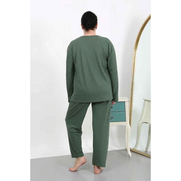 Moda Çizgi Kadın Büyük Beden Uzun Kol Penye Pijama Takımı Haki 202501
