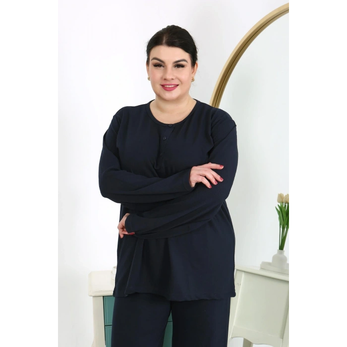 Moda Çizgi Kadın Büyük Beden Uzun Kol Penye Pijama Takımı Lacivert 202501