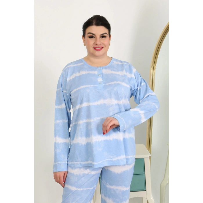 Moda Çizgi Kadın Büyük Beden Uzun Kol Penye Pijama Takımı Mavi 202502