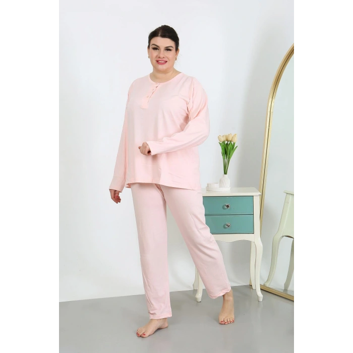Moda Çizgi Kadın Büyük Beden Uzun Kol Penye Pijama Takımı Pembe 202501