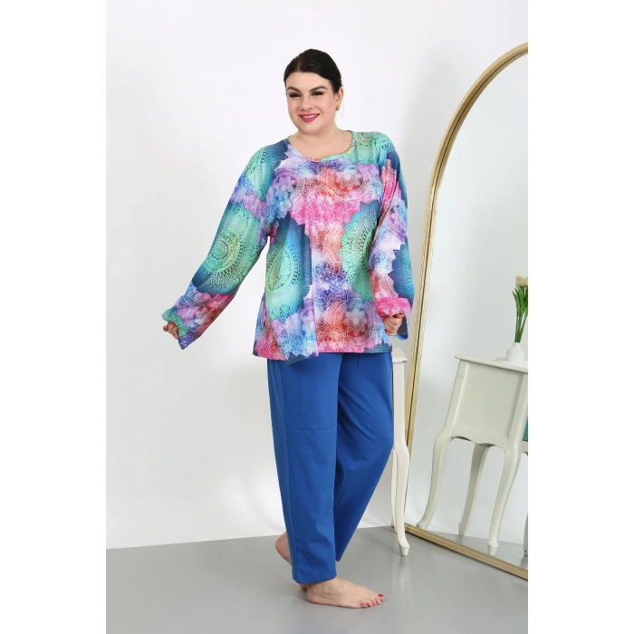 Moda Çizgi Kadın Büyük Beden Uzun Kol Penye Pijama Takımı Saks 202503