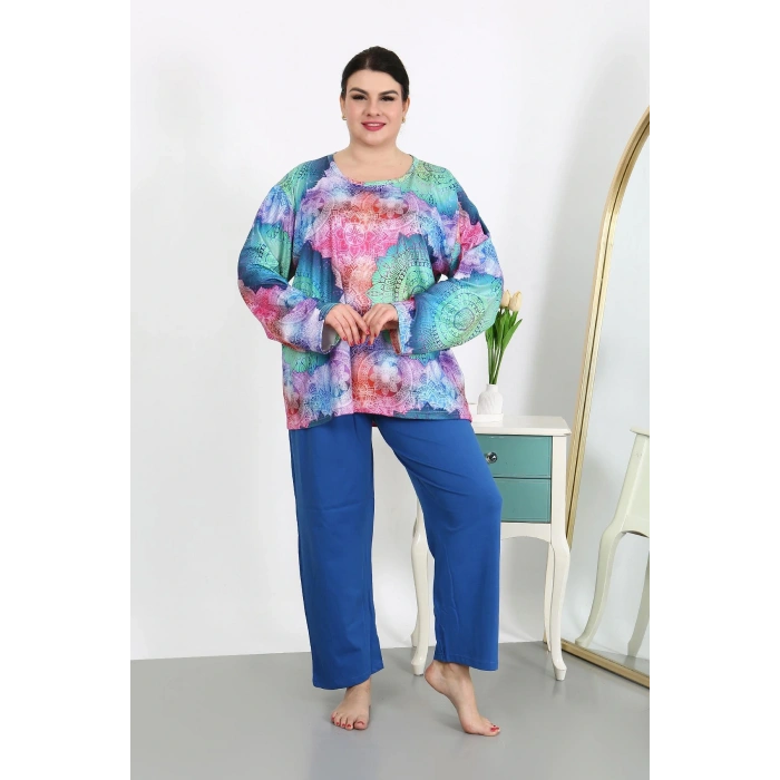 Moda Çizgi Kadın Büyük Beden Uzun Kol Penye Pijama Takımı Saks 202503