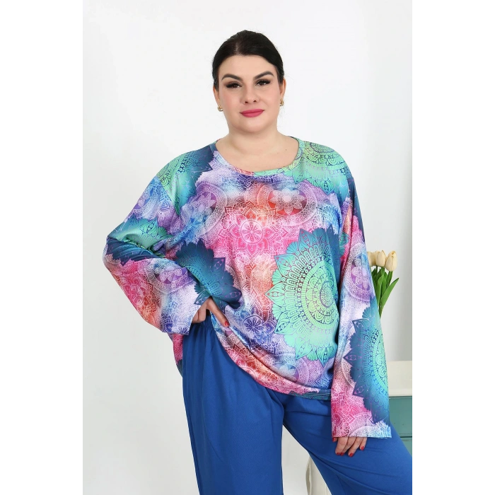 Moda Çizgi Kadın Büyük Beden Uzun Kol Penye Pijama Takımı Saks 202503