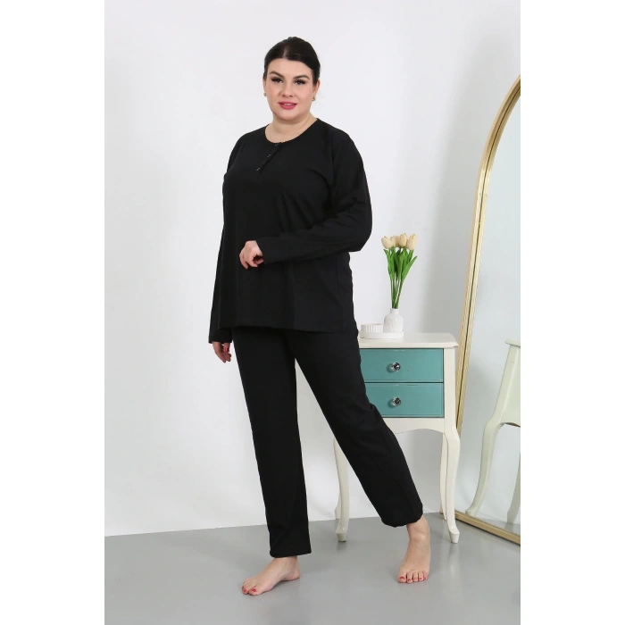 Moda Çizgi Kadın Büyük Beden Uzun Kol Penye Pijama Takımı Siyah 202501