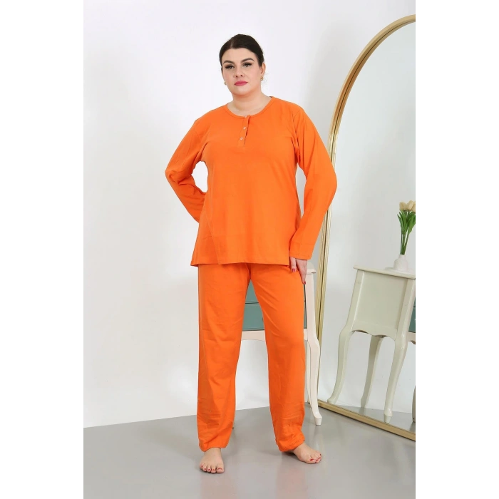 Moda Çizgi Kadın Büyük Beden Uzun Kol Penye Pijama Takımı Turuncu 202501