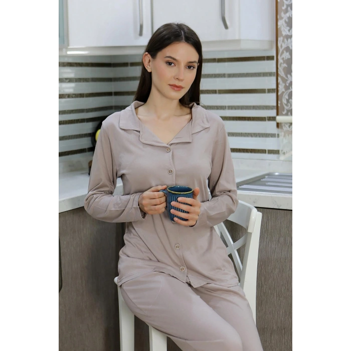 Moda Çizgi Kadın Pamuk Penye Önden Düğmeli Uzun Kol Pijama Takım Vizon 2783