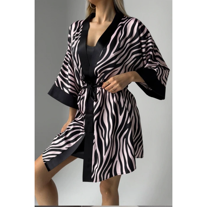 PUDRA SİYAH LEOPAR DİJİTAL BASKILI GECELİK & PUDRA SİYAH