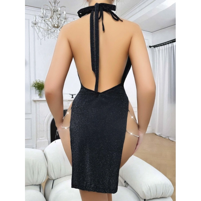 Siyah Seksi Elbise Zincirli 5045