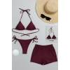 Kadın 3lü Set Bordo Şortlu ve Yandan Bağlamalı Bikini Mayo Takımı