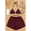 Kadın 3lü Set Bordo Şortlu ve Yandan Bağlamalı Bikini Mayo Takımı