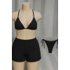 Kadın 3lü Set Siyah Şortlu ve Yandan Bağlamalı Bikini Mayo Takımı