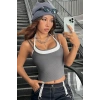 Kadın Antrasit Gri Beyaz Çift Renk Çapraz Askılı Crop Top Bluz