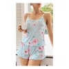 Kadın Bebek Mavisi Çiçek Desenli Askılı Şortlu Pijama Takım 5011