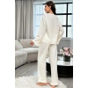 Kadın Beyaz Önden Bağlamalı Kolu ve Paçası Fırfır Detaylı Uzun Kollu Pijama Takımı