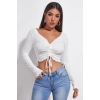 Kadın Beyaz Uzun Kollu Büzdürme Bağcık Detaylı Crop Top Bluz