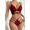 Kadın Bordo Dantel Cut-Out Detaylı Şık Sütyen ve Külot Takımı