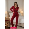 Kadın Bordo Fiyonklu İç Çamaşırı ve Uzun Kollu V Yaka Pijama Takımı 4lü Set